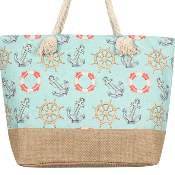Blue Anchor Print Zipper Closure Beach Tote Bag - Picture 2 of 8